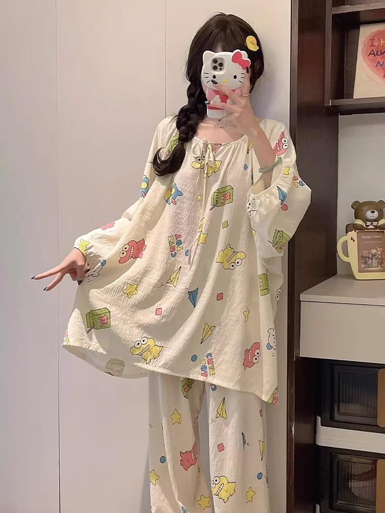 Women's Sweet Pure Cotton Pajama Set - Round Neck, Long Sleeve, Long Pants, Comfortable Home Wear for Spring & Autumn