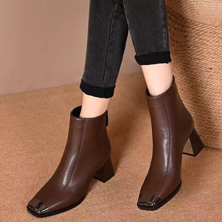 Square head British Martin boots women's versatile autumn and winter French retro high-heeled short boots thick heel new French retro