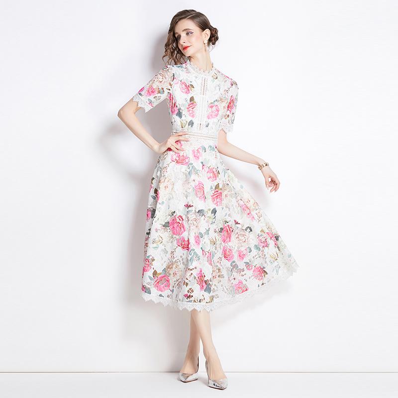 Elegant Floral Print Lace Summer Dress for Women High Quality Hollow Out Short Sleeve Slim Party Dress Robes Femme