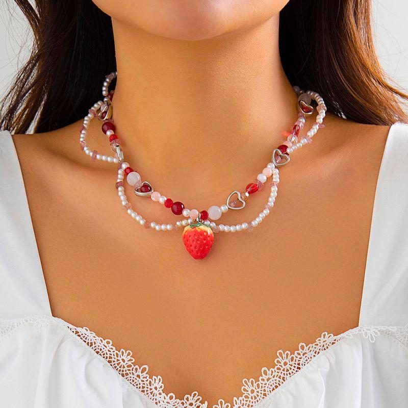 Imitation Pearl Crystal Strawberry Necklace for Women, European and American New Style, Trendy, Sweet, Cute, Soft Girl Style, Clavicle Chain Accessory