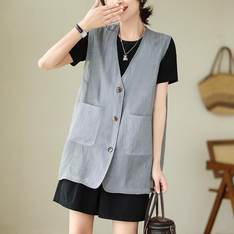 Women Plus Size Linen Blend Sleeveless Vest Open Front V Neck Top