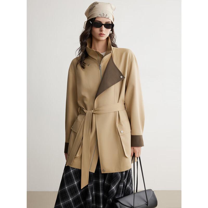 ELLE Women s French Spliced Stand-Collar Short Trench Coat S