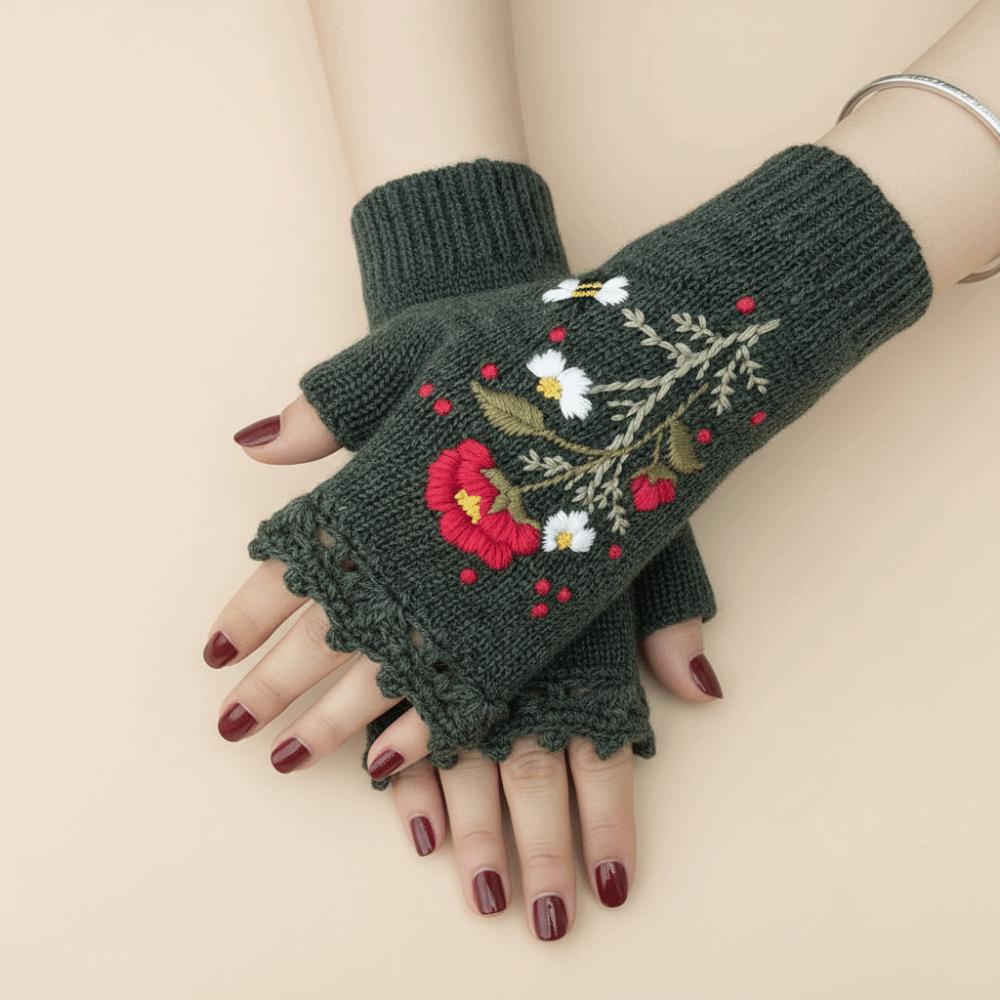 Vintage Winterwollhandschuhe Florale Fingerlose Handschuhe Geschenk Gehäkelte Blumenfäustlinge Outdoor