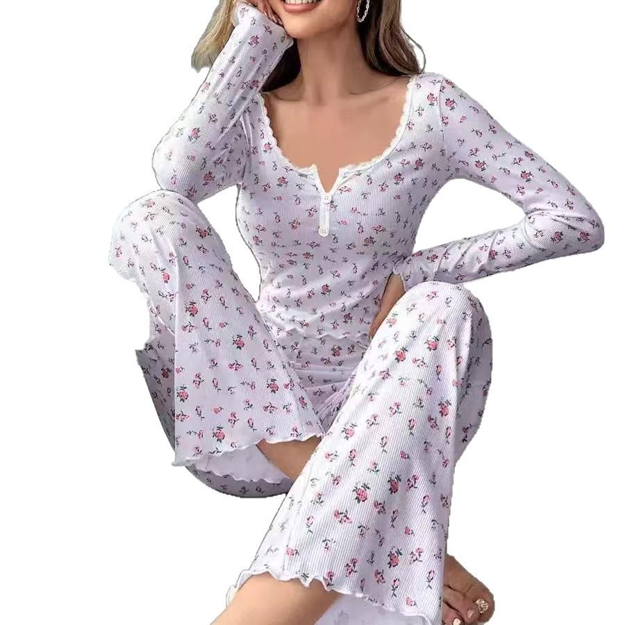European & American Style Autumn/Winter Sexy Casual Fashion Pajama Set: Women's Long-Sleeve Top and Pants