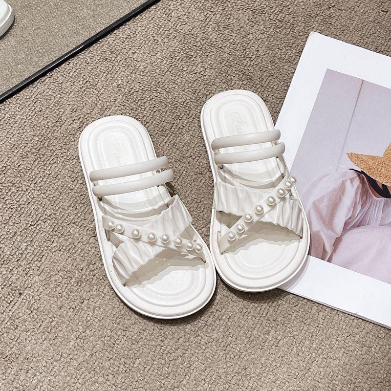 Trendiga Prinsesspärlrosett-sandaler för flickor med mjuk platt sula för barn