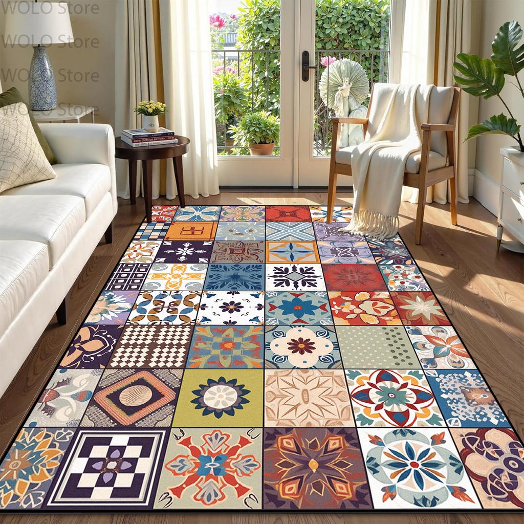 Boho Retro Geometric Living Room Carpet Splice Floral Decoration Home Non-slip Short Velvet Rug Bedroom Lounge Aesthetic Mats