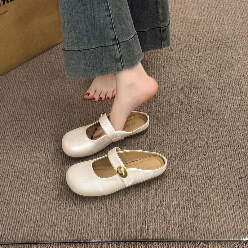 Retro zilveren platte bodem tas hoofd half slepen dames zomerkleding 2025 nieuwe een-pedaal luie slippers met rok sandalen