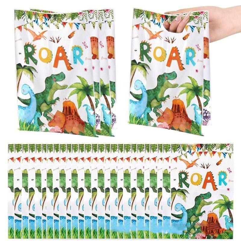 Cartoon Dinosaur Portable Favor Bags 10/30/60Pcs Plastic Treat Bags for Kids Baby Shower Party Supplies