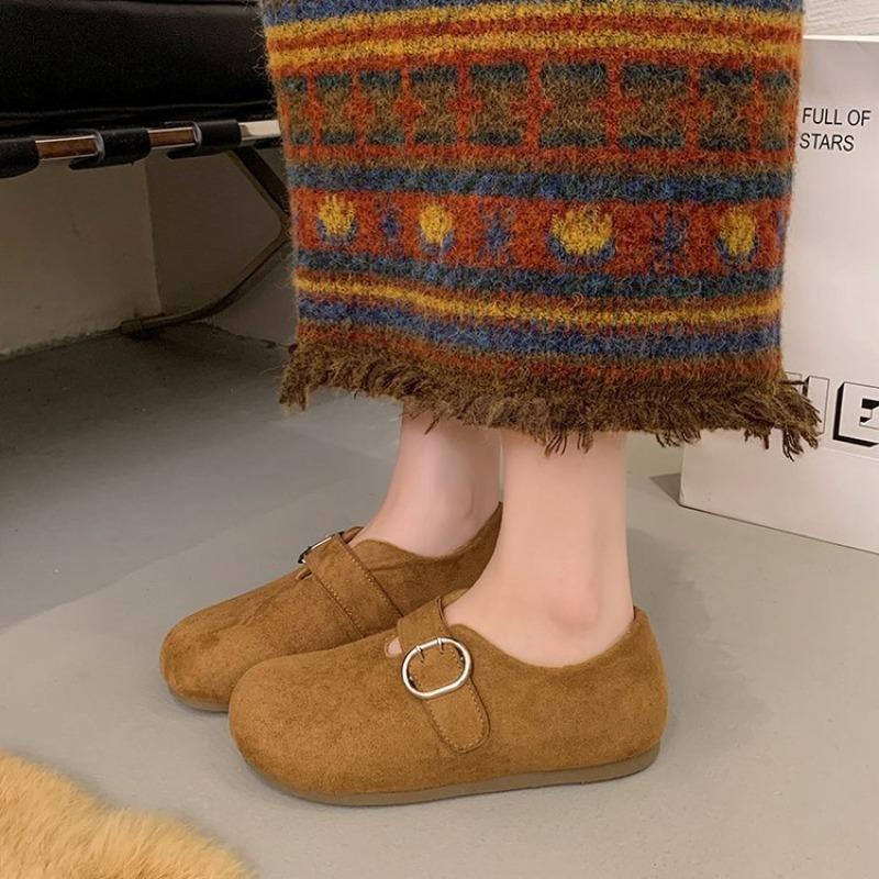 Retro suede single shoes women's winter new soft-soled flat bottom with skirt Doudou shoes Mary Jane