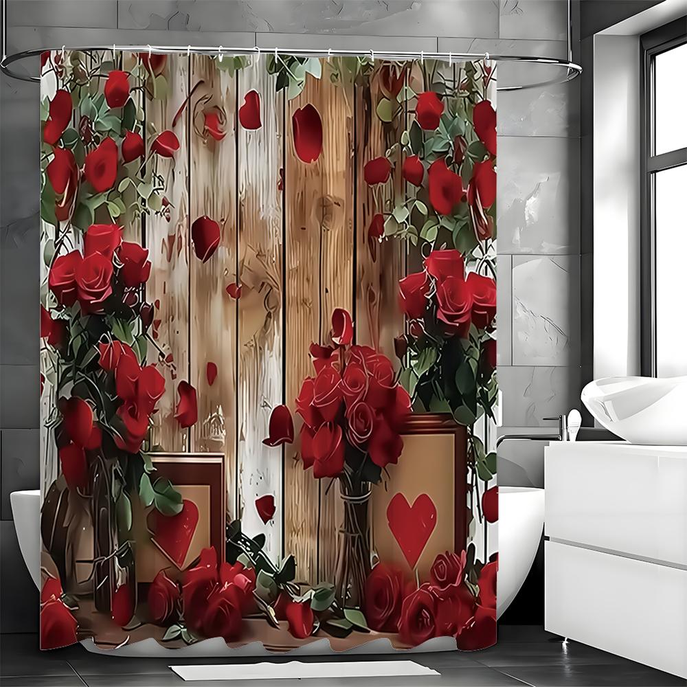 Rose Flower Wood Panel Shower Curtain, Bathroom Decorative Shower Curtain, Waterproof Shower Curtain with Hooks