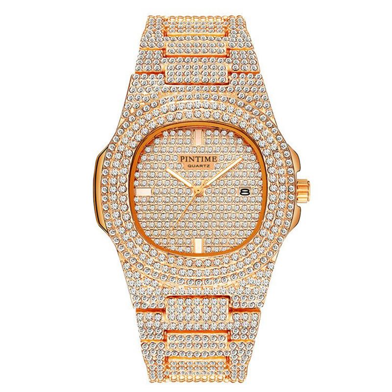 

PINTIME Розкішні Чоловічі Годинники З Кристалами Diamond Case Водонепроникна Застібка з Нержавіючої Сталі Модні Кварцові Наручні Годинники Календар рожевий колір золота