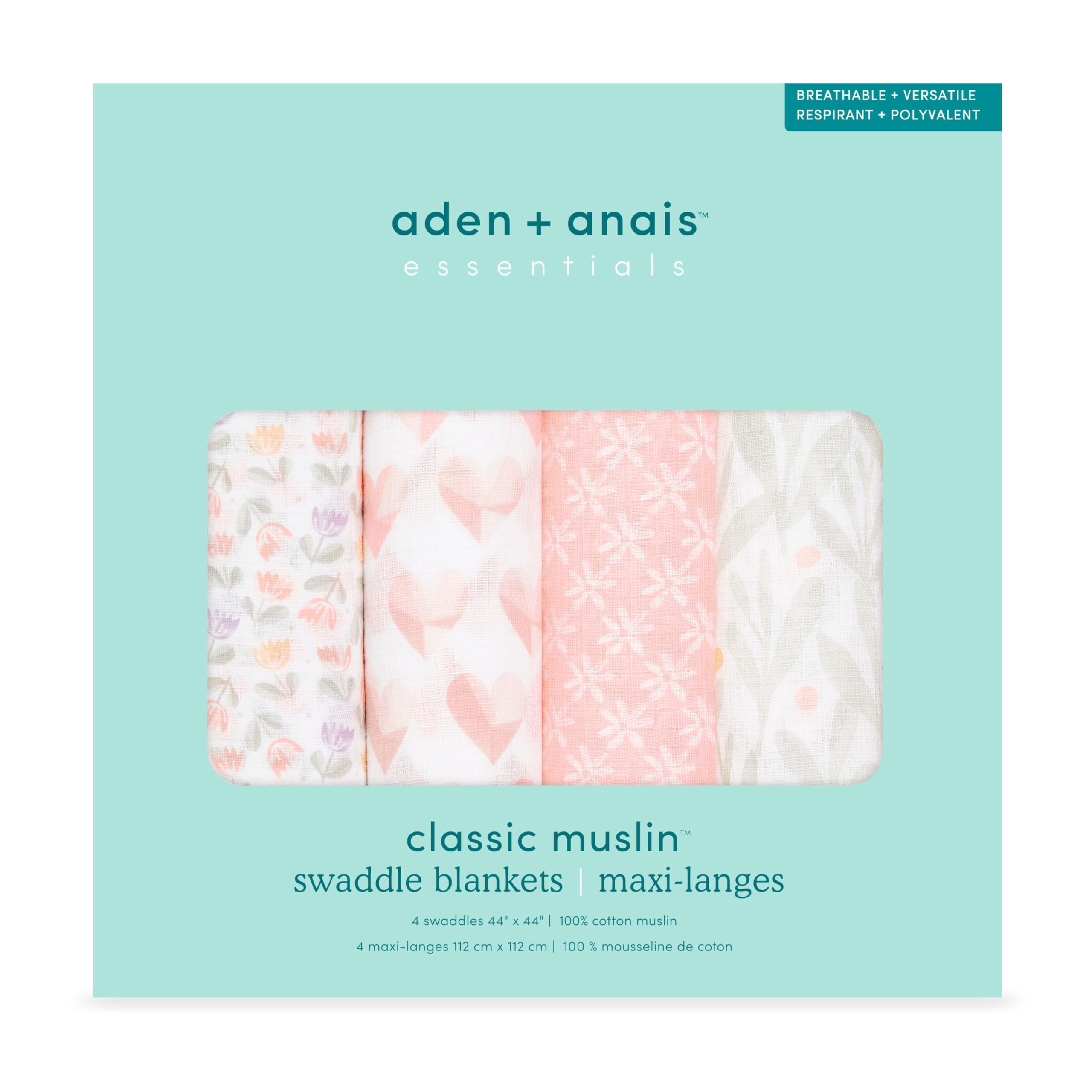 

aden anais essentials Japanese Baby Muslin Swaddles for of My + (Official Product) Gift (4-Pack) Newborns, Piece Heart (ESWC40021)