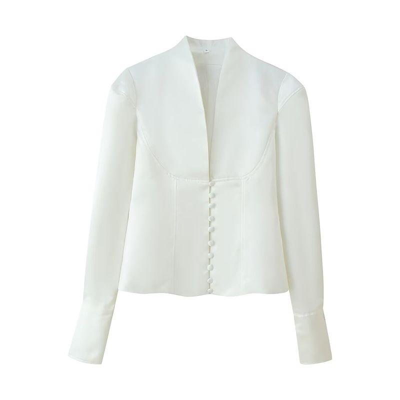 

Kaslead Новая женская одежда Западный стиль Мода Простой Приталенный Однобортный Блейзеры с широкими плечами White L