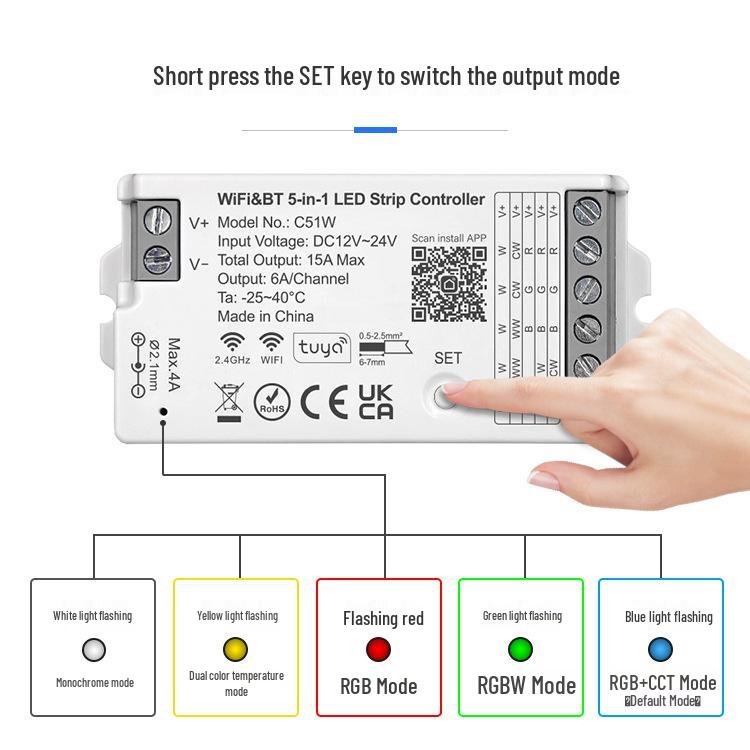 TUYA WiFi LED Strip Controller C51W: Supports Single, Dual Color, RGB, RGBW, and RGBCW.