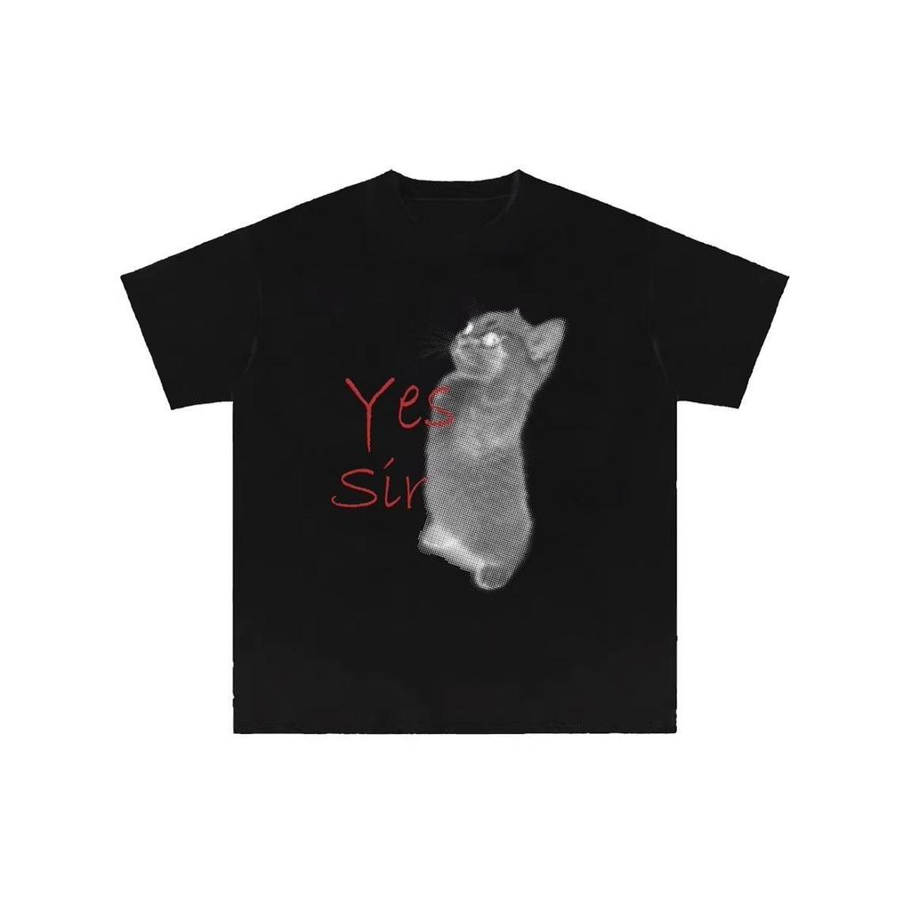 Yes Sir Original Fun Cat Print ShortSleeved Loose Cute Style Pure Cotton TShirt for Men and Women Couples Clothing Top