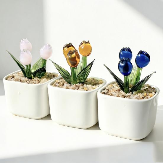 Mini skleněná figurka tulipánu Ručně foukaná miniaturní květina z umělého křišťálu v květináči pro ženy, maminku, svatbu, Den matek, kancelář, domov, středový díl stolu