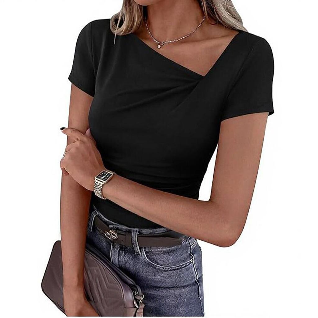 Women's Short-sleeved Asymmetric Collar Pleated Decorative Fitted Blouse Casual T-shirt Top