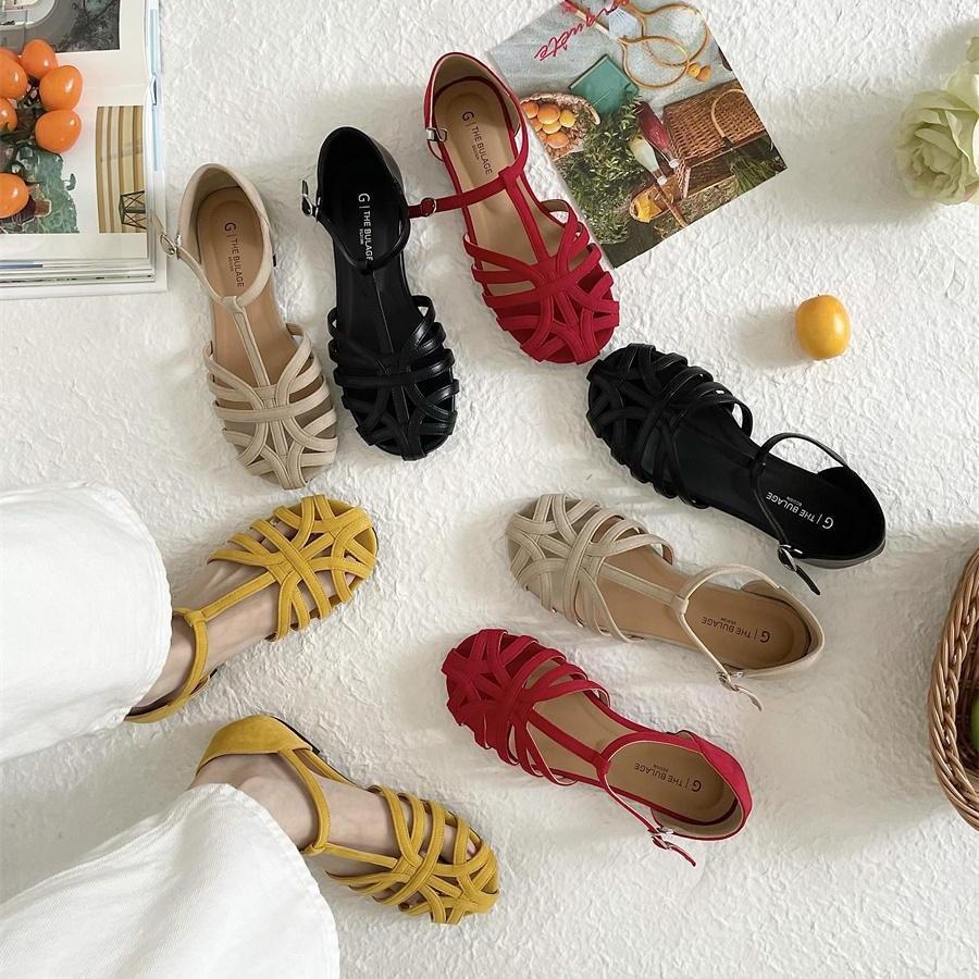 Mori women's woven hollow flat-bottomed bag head sandals women's summer new bohemian one-word strap Roman shoes genuine leather