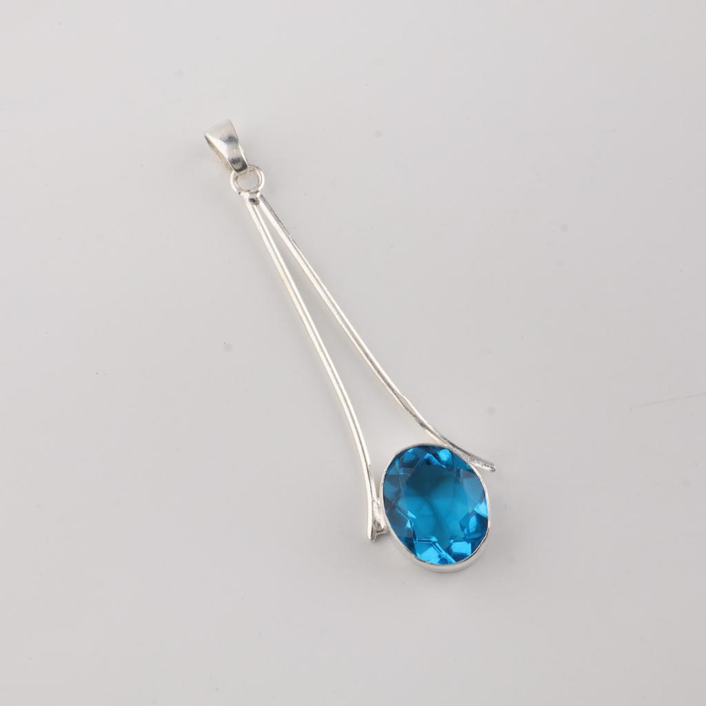 Swiss Blue Topaz Gemstone 925 Sterling Silver Handmade Jewelry Pretty Pendant 1.79" For Wedding Gift PP-69-6