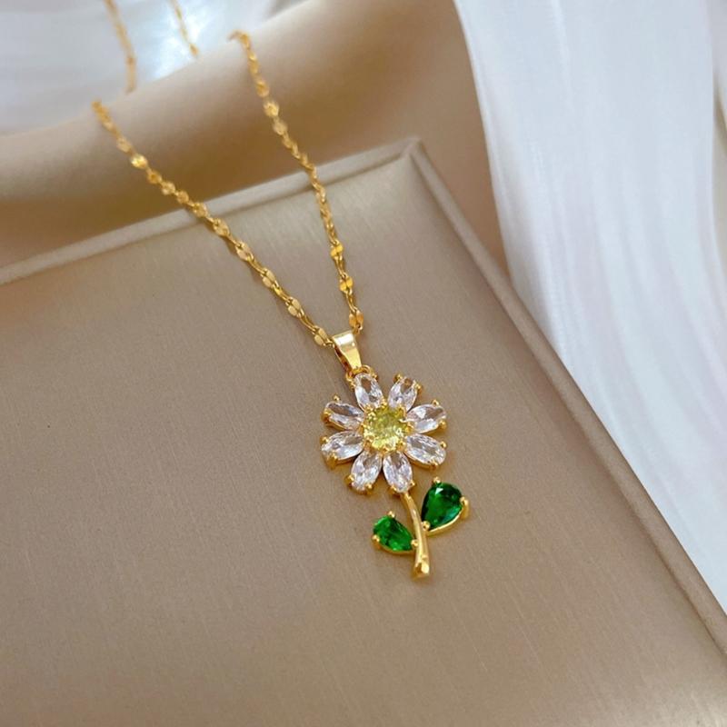 Gold Plated Sunflower Necklace for Women Jewelry Stainless Steel Zircon Big Pendant Necklace Luxury Choker Korea Style