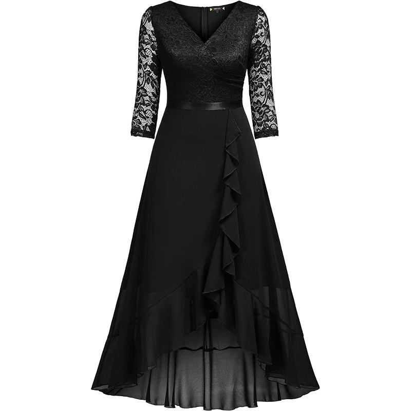 IHUASU Fashion Summer Spring Solid Color Print Long Sleeve V-Neck Casual Dresses