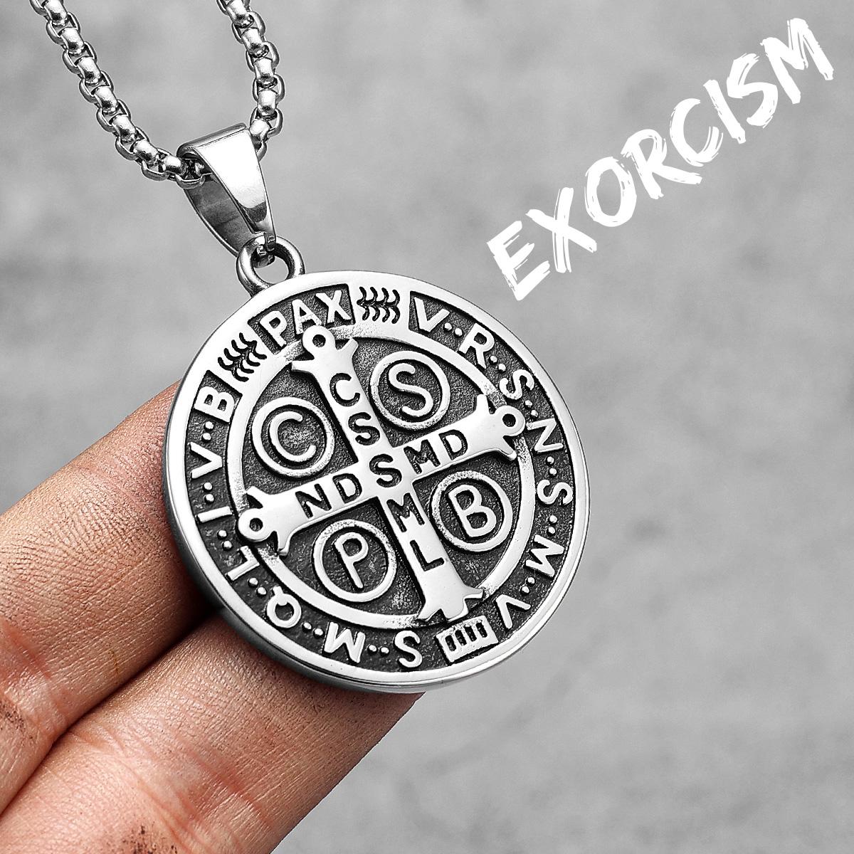 Saint Benedict Exorcism Necklace Stainless Steel Pendant Chain Punk Trendy Amulet Jewelry Gift for Men Women Without Chain