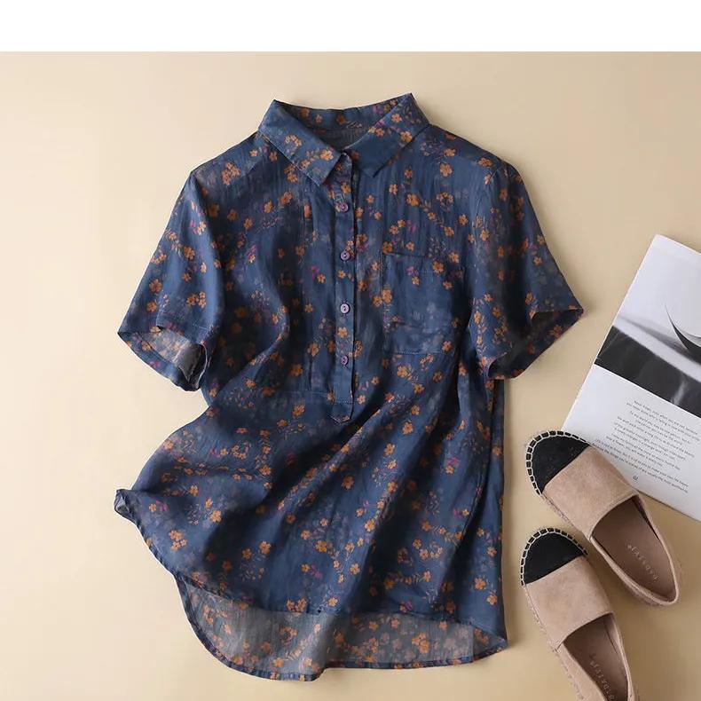 Women's Summer Floral Short-Sleeve Shirt with Artistic Collar Comfortable Casual Top for Summer