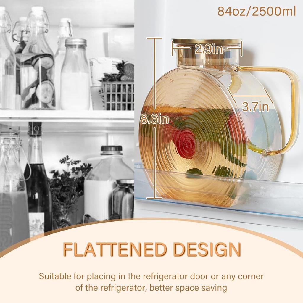 Snail Glass Pitcher 2.5L 84oz Large Iced Tea Pitcher with Handle Lids for Fridge Door Water Jug Sun Tea Bottles Cold Water Cups