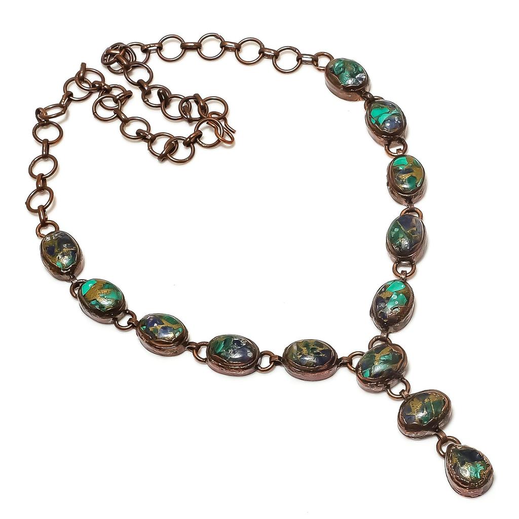 Copper Azurite Malachite Copper Electroformed Necklace with Adjustable Chain, Handmade Gemstone Jewelry Necklace For Memorial Day