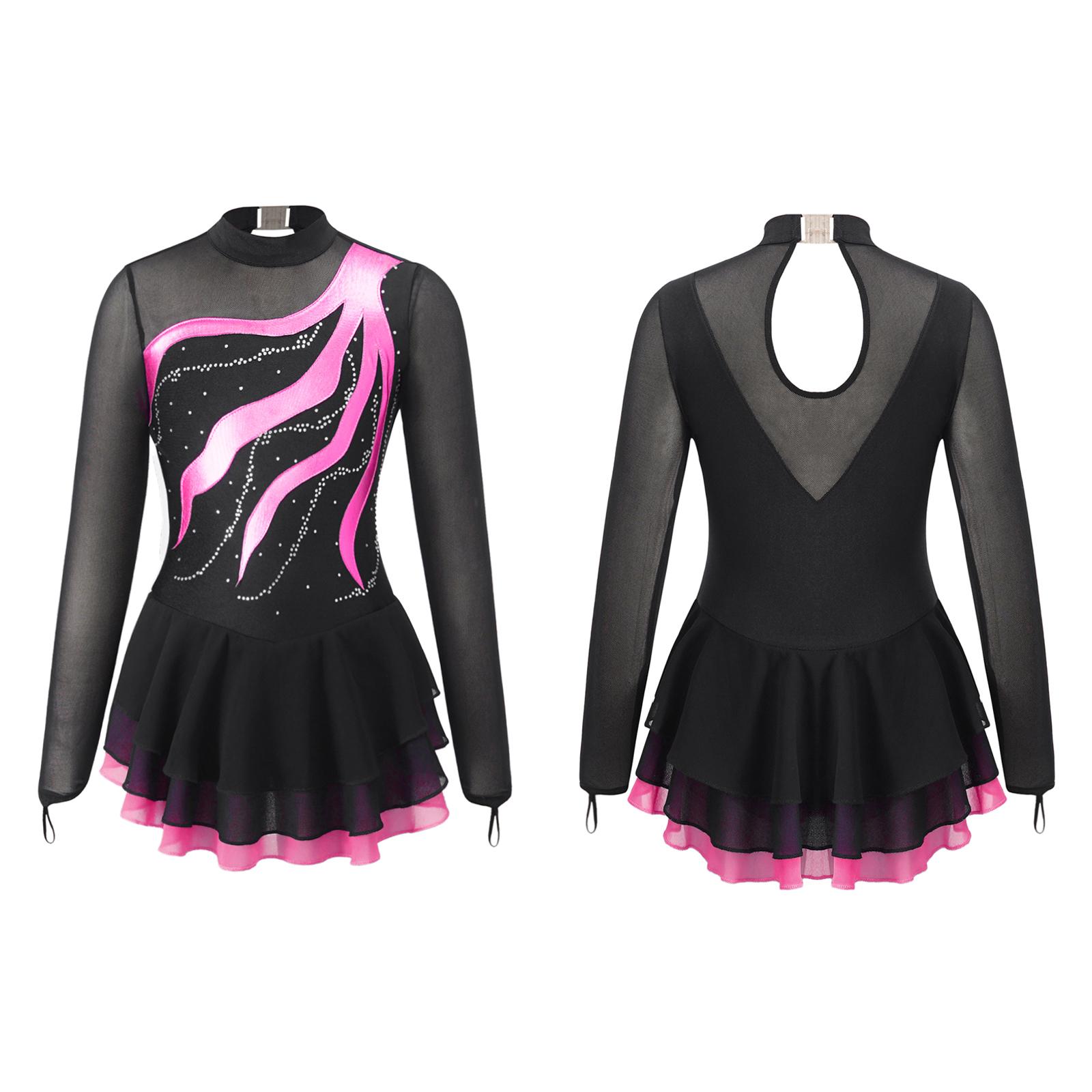 IEFiEL Kinderen meisjes lange mouw strass versierde holle rug dansjurk meisjes kunstschaatsen turnpakje jurk 7-8 Years warm roze kleur