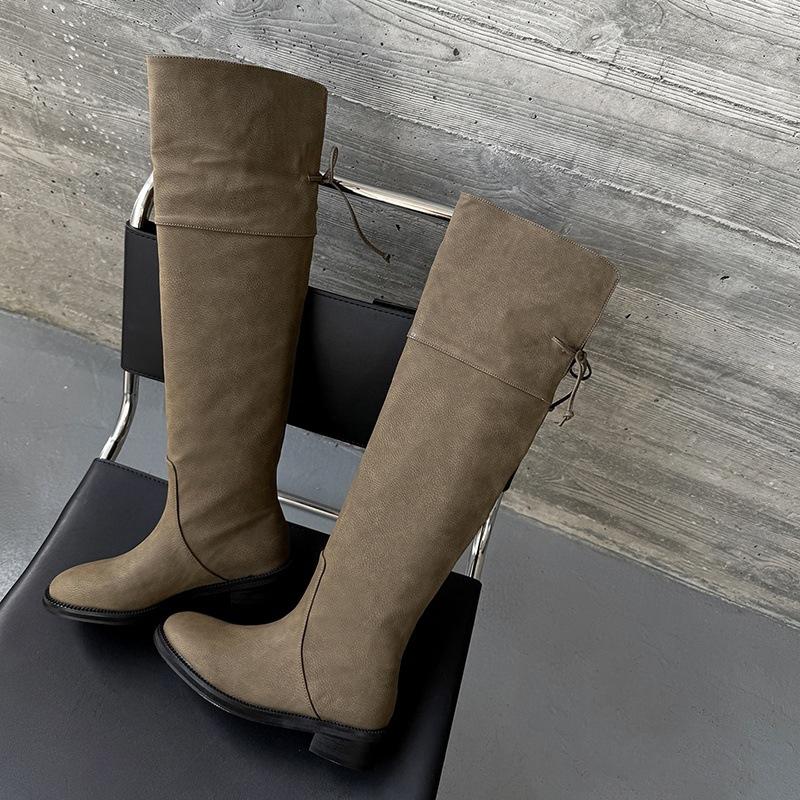 4CM European and American fashion simple knee boots 2025 autumn and winter new round head thick heel folded high knight boots women