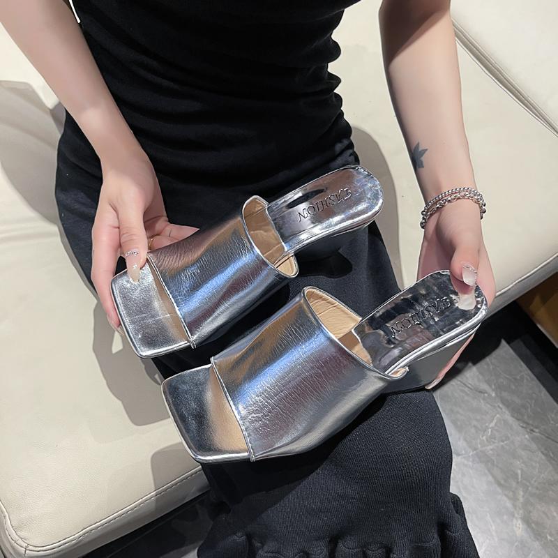 2024 Summer Silver Open Toe Women Slippers Fashion Elegant Slides Shoes Ladies New Arrival Outdoor Dress Wedges Heel Sandalias