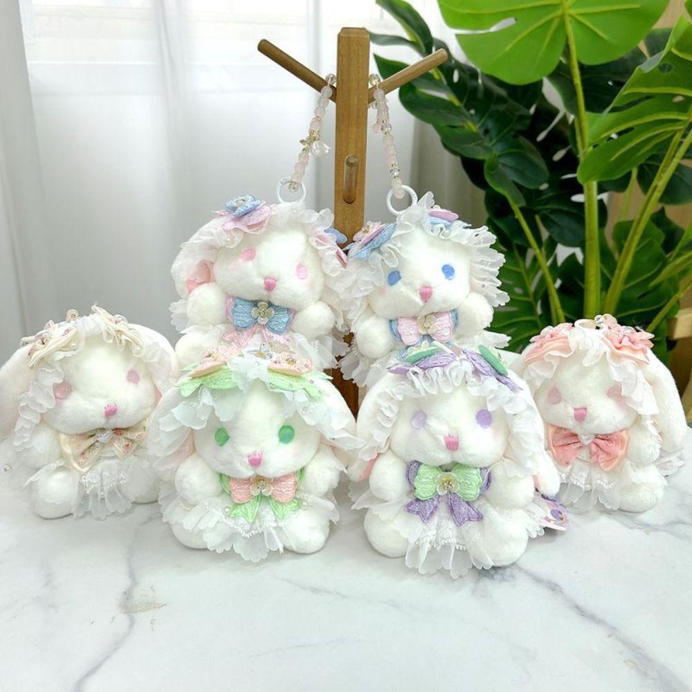 Princess Pearl Dress Plush Rabbit Keychain Cartoon Drooping Ear Rabbit Pendant  Backpack Decor
