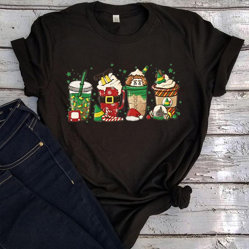 Cotton100% Women Holiday Christmas T‑Shirt, Elf Coffee Cup Print Graphic Casual Short Sleeve O‑Neck Ladies Party Daily Tees Tops