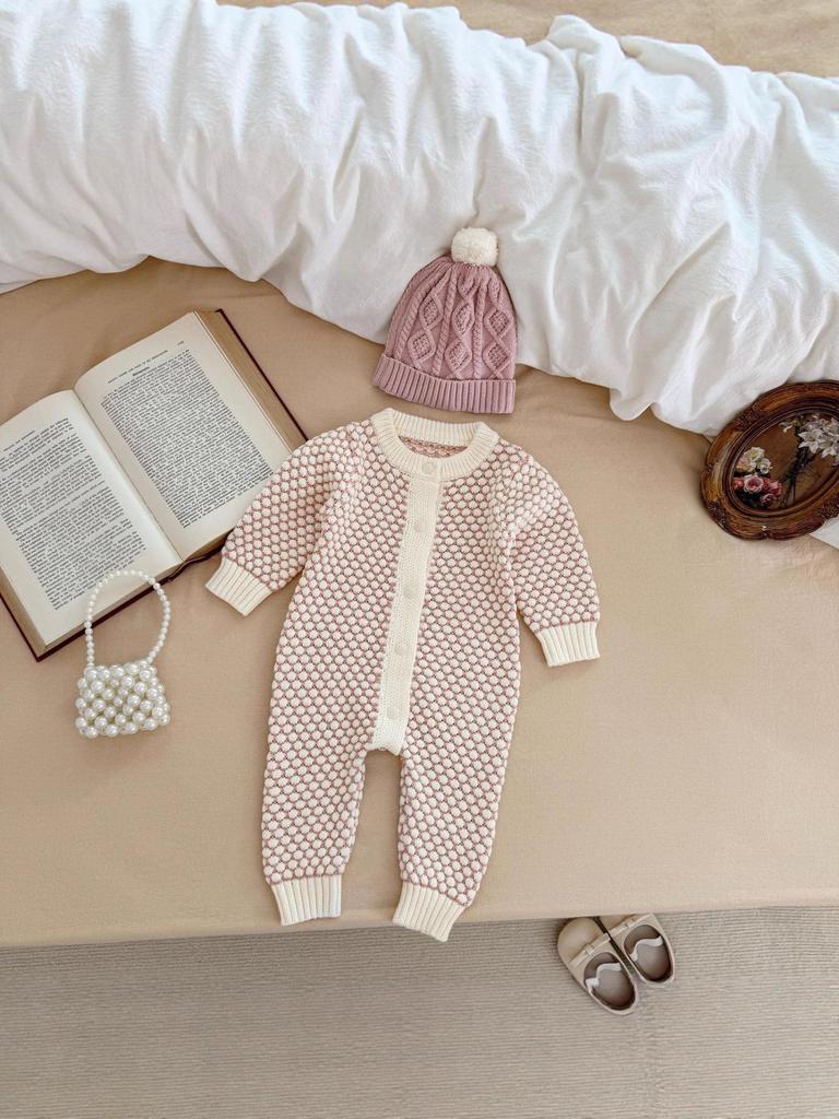 Spring & Autumn Korean-Style Baby Girl Romper with Two-Color 3D Bubble Ball Design