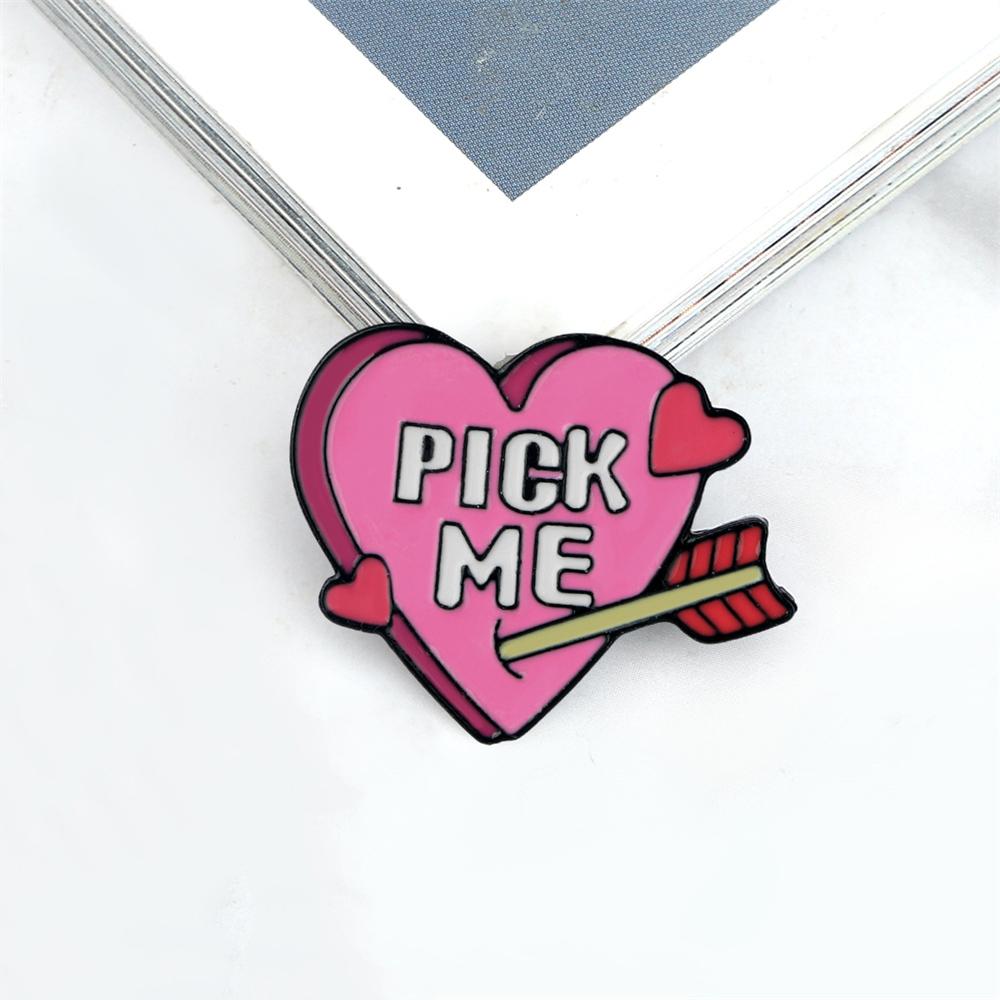 

Romantic Quotes PICK ME Brooches Letter Words Pink Enamel Pins Cupid s Sword Heart Shaped Lapel Badges Jewelry Gifts for Friends