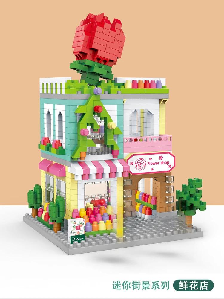 Mini Blocks Cute Street Creative Store Small Shop Coffee Food Flower Fun Building Bricks Girl Gifts Toys For New Year Present