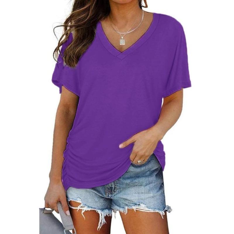 Women Casual Summer T Shirt V Neck Short Sleeve Solid Color Top Clothing