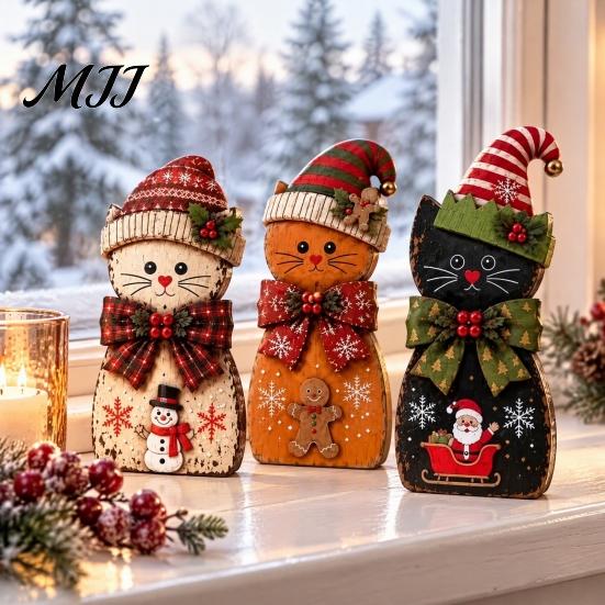 Tiered Tray Display Set 3Pcs Wooden Christmas Cat Tabletop Decor, Rustic 2D Figurines with Xmas Indoor Winter Home Decorations Hat, Santa &