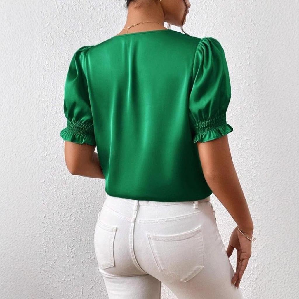 New Satin V-neck Button-up Ruffle Blouse - Spring/Summer Casual Short Sleeve French Style