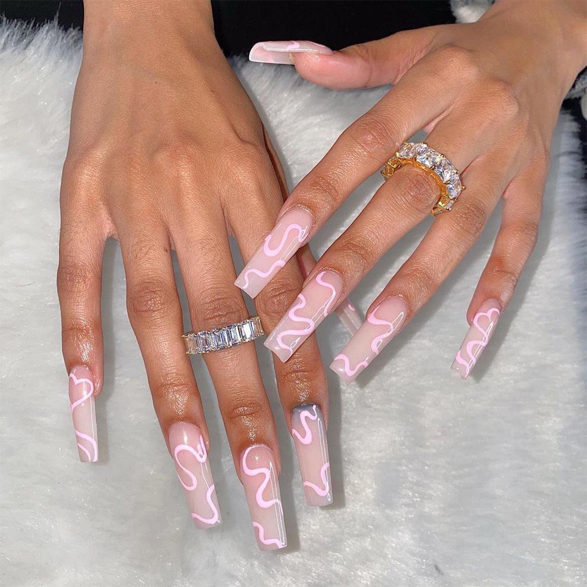 Removable Pink Wave Ballet-Inspired False Nails & Stickers