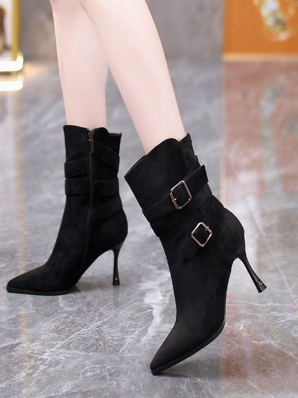 Retro pointed short boots femininity metal fashion boots 2025 autumn and winter new high-heeled thin boots thin-heeled bare boots