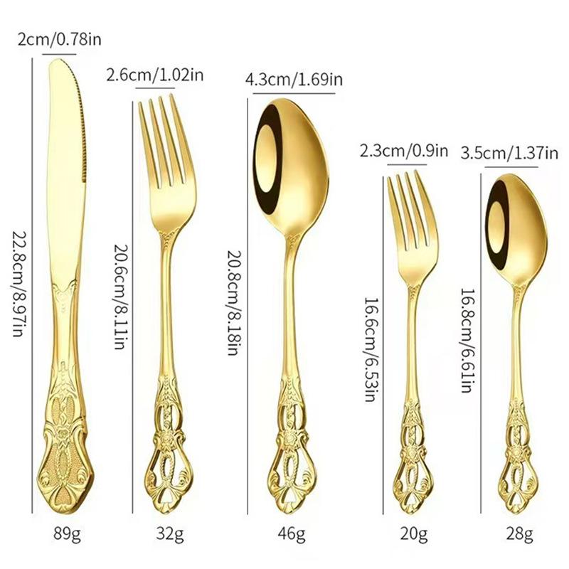 Royal Court Stainless Steel Retro Embossed Cutlery Set: Knife, Fork, Spoon, Steak Knife, Dessert Spoon.