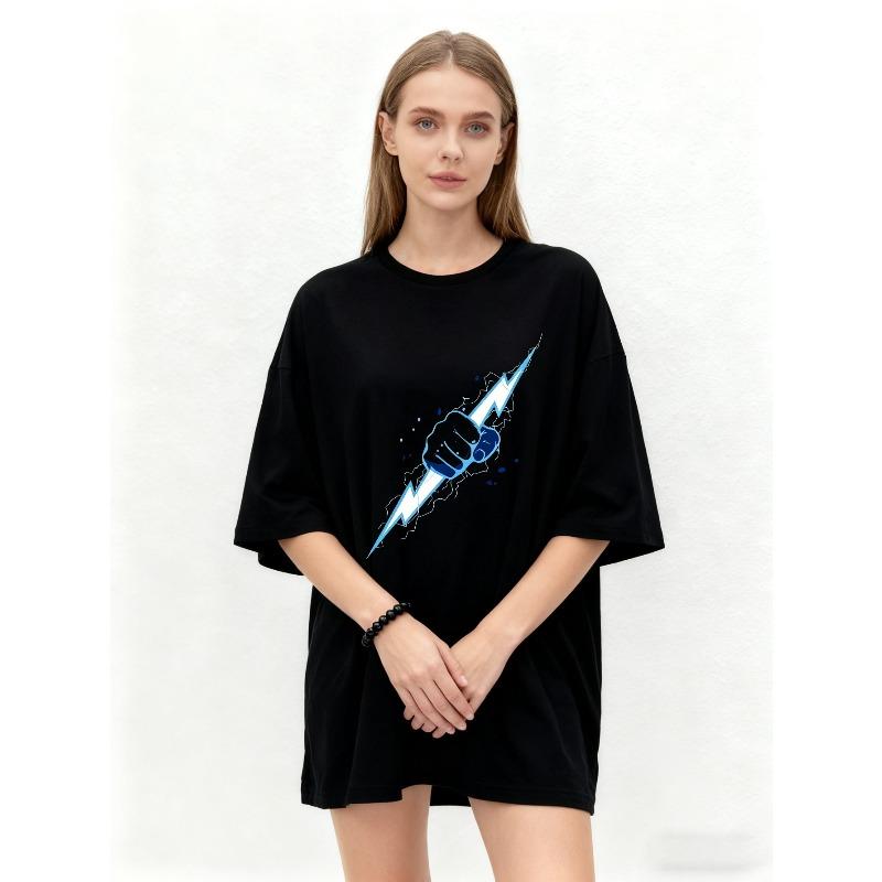 Oversized T Shirt Black Fist Holding Lightning Bolt Graphic Print Casual Streetwear Top For Women Summer Fashion