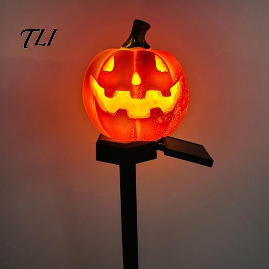 Easy Install Soil Insert Garden Stakes Solar Halloween Pumpkin Light, Waterproof LED Outdoor Resin Ghost Face Yard Lamp with Stake for Pathway