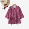 ZANZEA Women Turn Down Collar Loose Casual 3/4 Sleeve Print Blouse