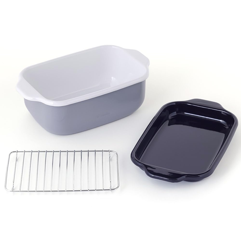 Fuji Enamel Square Tempura Pot, IH Compatible, Simple Set with Frying Net and Tray, C-20TPN.LG, Light Gray, 20cm, No Thermometer