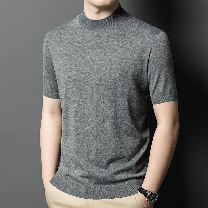 Spring New Solid Color Wool-containing Middle-aged Men's Sweater Thin Half Turtleneck Short-sleeved Sweater Men's Clothing