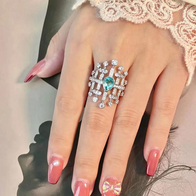 Huitan Newly Designed Geometric Rings with Pear Green CZ for Women Wide Band Gorgeous Female Accessories Wedding Trend Jewelry