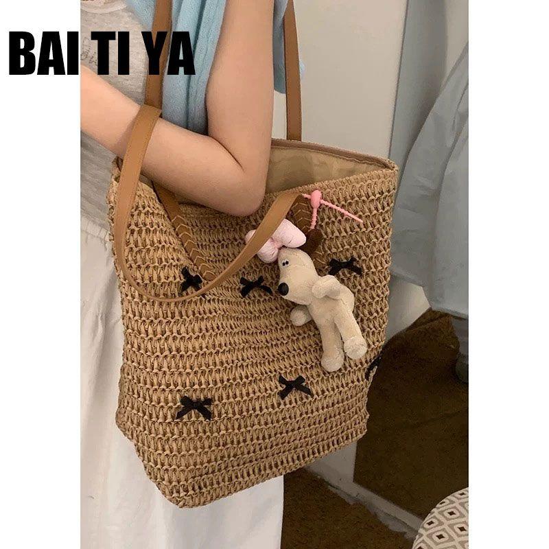 

Bow Woven Bag Women 2025 New Trendy Fashion Holiday Style Straw Bag Retro Large Capacity Tote Bag Light brown